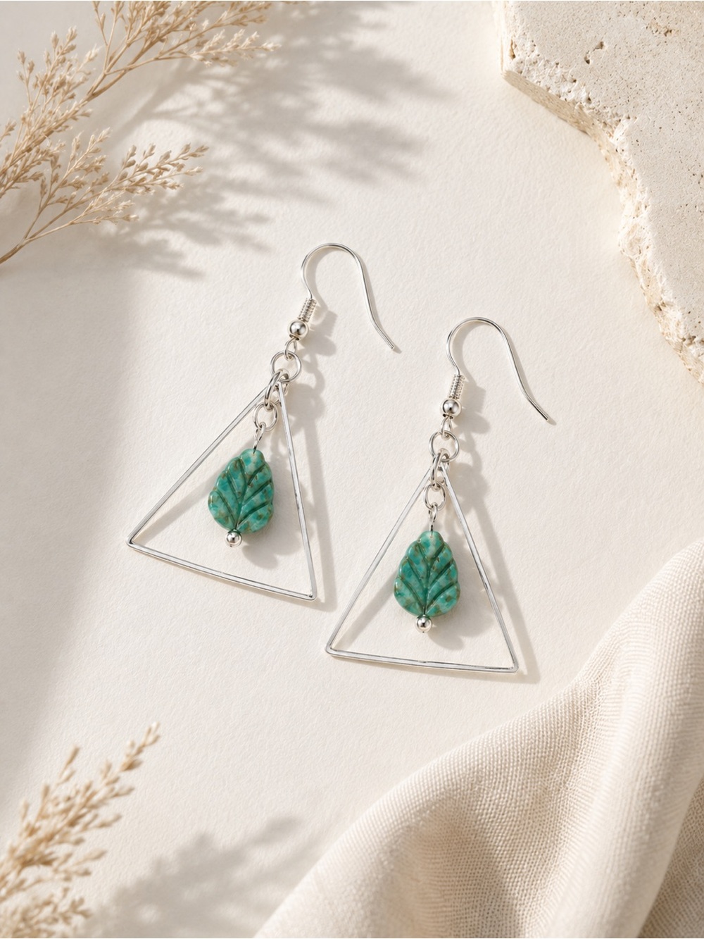 Boho Geometric Turquoise Leaf Dangle Earrings Silver Tone - Picture 5 of 6
